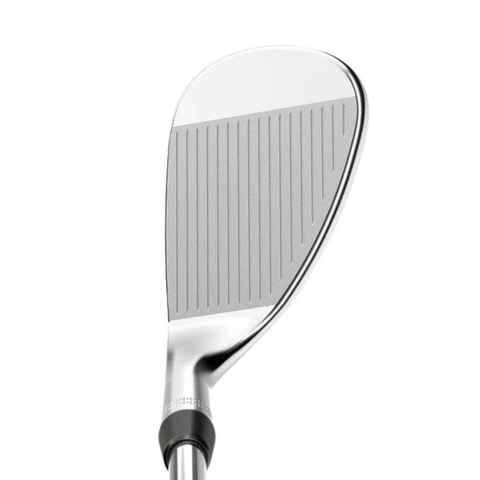 Close-up of the Callaway Men's OPUS Brushed Chrome Wedge, highlighting its precise grooves and sleek metallic finish for enhanced spin, photographed against a white background.