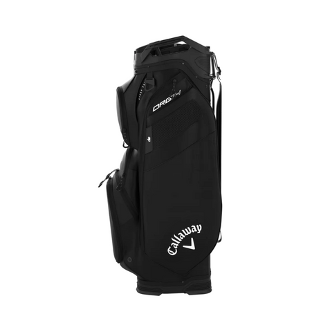 The Callaway ORG 14 Cart Bag 2024 stands upright with a 14-way top divider, multiple zippered pockets, and a shoulder strap. The sleek black design features the Callaway logo in white near the base.