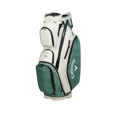 The Callaway ORG 14 Cart Bag 2024 is a green and white golf cart bag with multiple zippered compartments, a sturdy top handle, and a convenient 14-way top divider, shown on a white background.