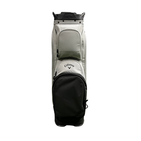 The Callaway ORG 14 Cart Bag 2024 in light gray features a large black pocket, multiple zippered compartments, and a structured 14-way top divider—ideal for your next golf game. Brand: Callaway.
