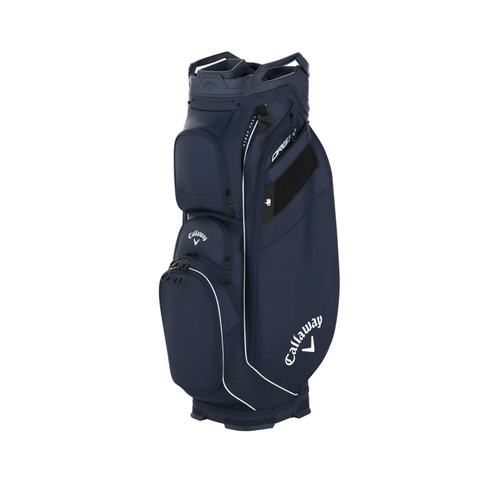 The Callaway ORG 14 Cart Bag 2024, in navy blue with white Callaway logos, features multiple zippered pockets and a 14-way top divider, shown upright against a plain white background.
