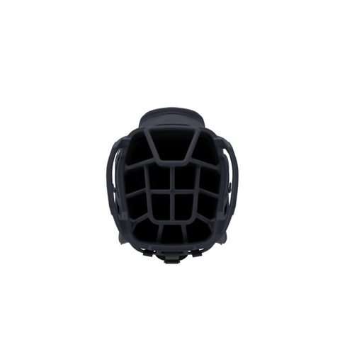 A front view of a dark sports helmet with a grid face guard, inspired by the protective design of the Callaway ORG 14 Cart Bag 2024 from Callaway, featuring its sturdy 14-way top divider, set against a plain white background.