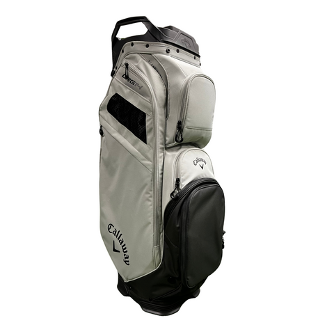 The Callaway ORG 14 Cart Bag 2024 features a light gray and black design, multiple zippered compartments, a 14-way top divider, a top handle, and the Callaway logo on the side.
