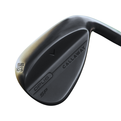 A close-up of a Callaway Opus SP Wedge | Black Shadow highlights the engraved brand name and 56 10S details on the matte finish, designed for exceptional spin and control.