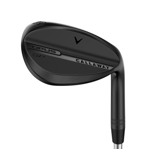 A close-up of the Callaway Opus SP Wedges | Black Shadow by Callaway, highlighting its sleek, modern design and the reflective Black Shadow finish that enhances the clubhead’s look.