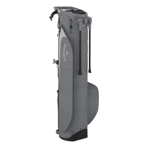 A gray Callaway Par 3 Stand Bag stands upright against a white background. This lightweight Callaway golf bag features a minimalist design with a top handle, side pocket, and two slim black stand legs for support.