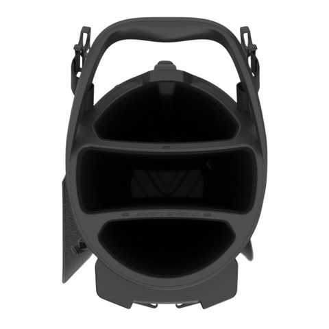 Top-down view of a black Callaway Par 3 Stand Bag, featuring three main openings and side clips to organize and separate items, resembling a durable golf bag.