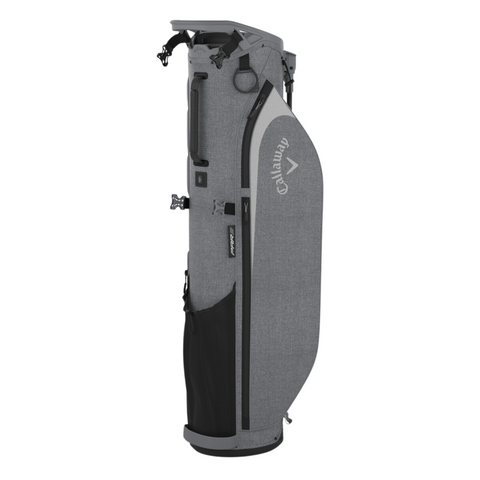 The grey Callaway Par 3 Stand Bag stands upright with a side pocket, black accents, and the Callaway logo—a lightweight, durable golf bag ideal for any golfer.