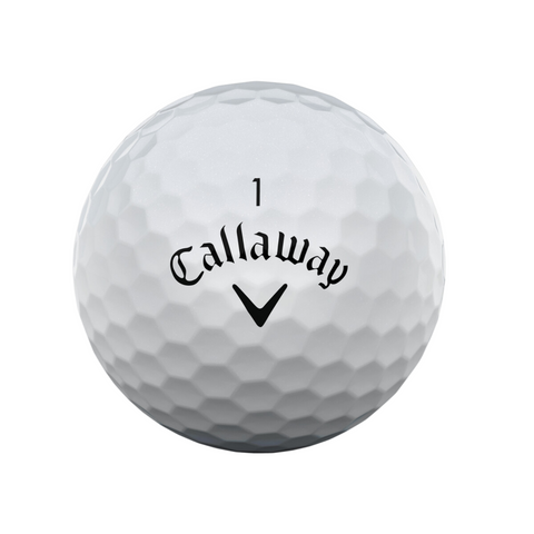 A white Callaway REVA Golf Ball featuring a black chevron logo, the number 1, and a dimpled surface. Designed for women golfers, its low-compression core delivers distance and control. Brand: Callaway. Product Name: Callaway REVA Golf Balls.