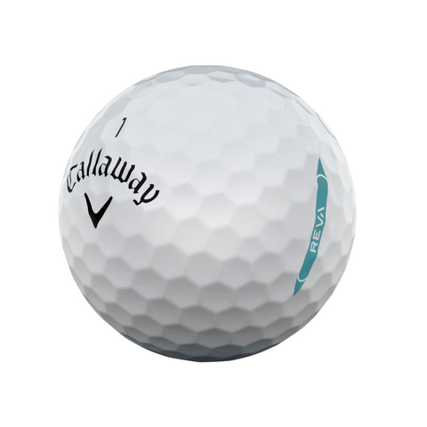 A Callaway REVA Golf Ball for women features a low-compression core, white dimpled surface, printed brand name, logo, number 1, and REVA text—all shown on a white background.