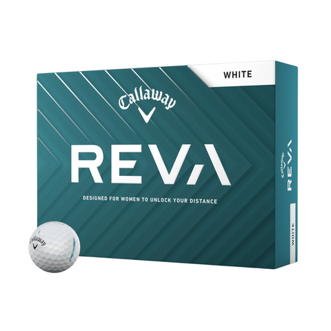 A teal Callaway REVA Golf Balls box labeled “WHITE” with one white ball in front. Designed by Callaway for women golfers, these balls feature a low-compression core to enhance distance.