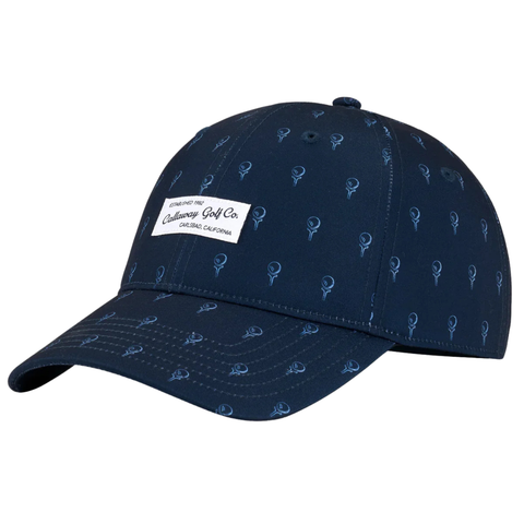 The Callaway Relaxed Retro Cap by Callaway features a navy blue design with a light blue golf tee pattern and a white patch reading Callaway Golf Co. Carlsbad, California—a stylish vintage-inspired golf hat.