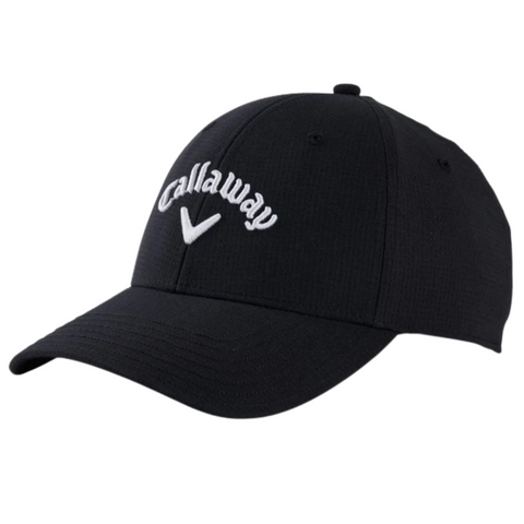 The Callaway Stitch Magnet Cap is a black golf cap with white embroidered text, a checkmark logo on the front, and a convenient magnetic ball marker.