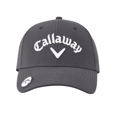 The Callaway Stitch Magnet Cap is a dark gray golf cap featuring white embroidered Callaway branding on the front, a magnetic ball marker, and a small Callaway tag on the bill.