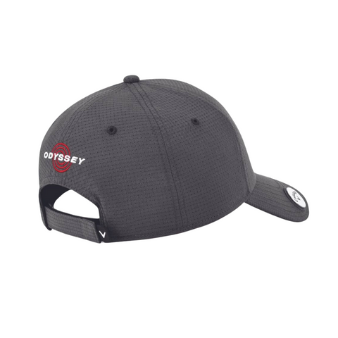 The Callaway Stitch Magnet Cap is a dark gray golf hat with a textured design, an embroidered ODYSSEY and red target logo on back, small white logo on the bill, plus an adjustable fit and magnetic ball marker.