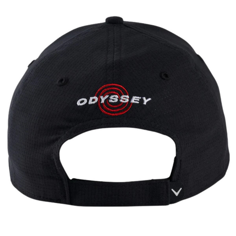 The Callaway Stitch Magnet Cap features ODYSSEY and a red spiral logo embroidered above the adjustable strap, a white V-shaped logo on the strap, and includes a convenient magnetic ball marker.