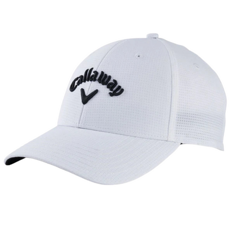 The Callaway Stitch Magnet Cap is a white golf cap with a curved brim, black embroidered Callaway logo and chevron on the front, plus a handy magnetic ball marker.