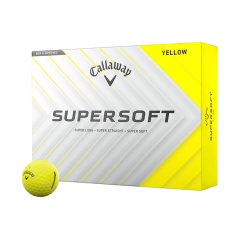 A box of Callaway Supersoft Matte Colour Golf Balls 25 by Callaway in yellow, with one matte golf ball displayed in front. The packaging shows a white and yellow gradient with bold gray text.
