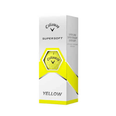 A white and yellow Callaway box displays Supersoft Matte Colour Golf Balls 25 with the Callaway logo and “SUPER LONG SUPER STRAIGHT SUPER SOFT” on the front, plus a window revealing the ultra soft matte golf ball inside.