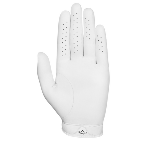 The Callaway Tour Authentic 2025 Men’s Golf Glove features premium white Cabretta leather, small ventilation holes on the fingers, and a Callaway logo by the wrist, shown palm-forward against a plain background.