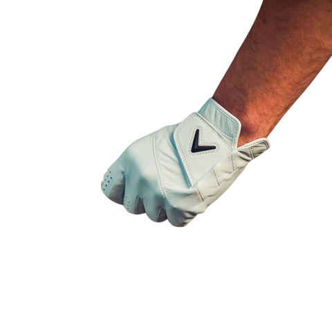 A person’s arm wears the Callaway Tour Authentic 2025 Men’s Golf Glove—premium Cabretta leather with a black V logo on the wrist—shown against a white background.