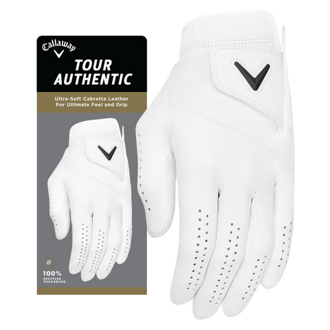 The Callaway Tour Authentic 2025 Men’s Golf Glove, crafted from ultra-soft cabretta leather, is displayed with packaging that emphasizes its comfort, superior grip, and 100% recyclable materials.