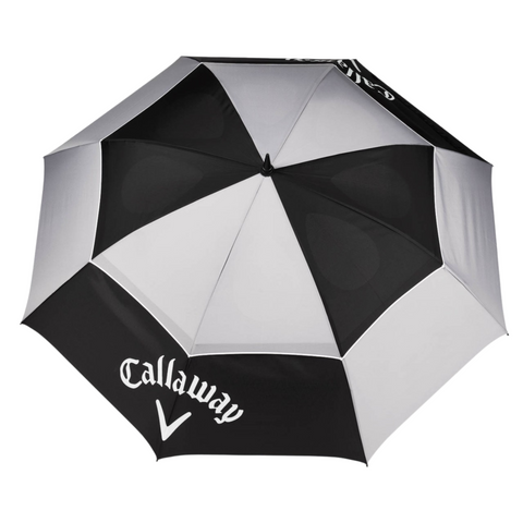 A top-down view of the Callaway Tour Authentic Umbrella by Callaway shows its black and white alternating panels. The Callaway logo and name appear on a black panel of this wind-resistant golf umbrella.