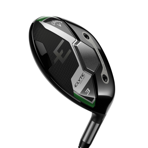 A close-up of the Callaway Women’s Elyte Max Fast Fairway Wood shows its sleek black and silver design with green accents, visible screws, and a polished finish. The lightweight club head features the Callaway brand label.