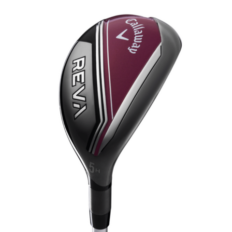 A close-up of the Callaway Womens REVA 11-Piece Package Set 2025 hybrid shows its maroon, black, and silver club head with the Callaway logo and 5H, highlighting these lightweight women’s golf clubs.