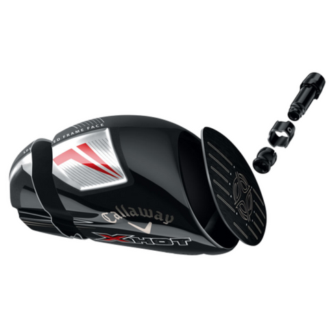 A black Callaway X Hot Driver is shown with its faceplate and hosel separated, showcasing the club’s internal structure, forgiveness, and advanced fast face technology.