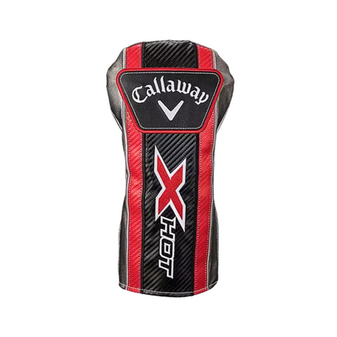Protect your Callaway X Hot Driver with this stylish headcover, showcasing black, red, and silver colors, a carbon fiber pattern, and bold Callaway branding—ideal for safeguarding your clubs fast face technology.