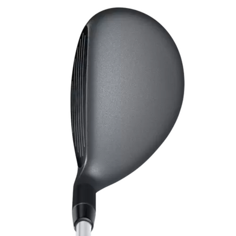 A close-up of the Callaway X Hot Hybrid by Callaway showcases its smooth, matte black clubhead and the visible grooves on the face, highlighting this popular long game club’s precision design.