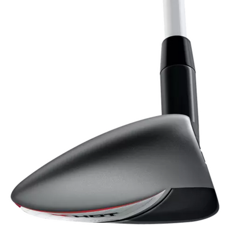 Close-up of the Callaway X Hot Hybrid by Callaway, featuring a black, silver, and white design with a curved sole and sleek, aerodynamic shape—perfect for enhancing your long game.