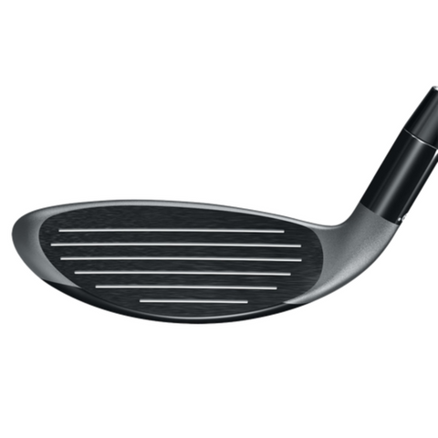 Close-up of the Callaway X Hot Hybrid by Callaway, highlighting its club head with horizontal grooves and sleek metal finish, paired with a black shaft—perfect as a golf hybrid for improving your long game.