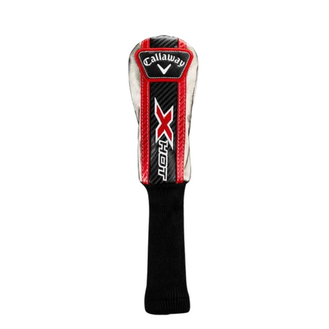 The Callaway X Hot Hybrid headcover, in black, red, and white with the Callaway logo and “X Hot” text, features a long black knit sock for superior protection of your hybrid golf club.