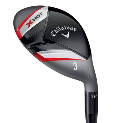 The Callaway X Hot Hybrid by Callaway features a black, silver, and red design with 19° loft on the hosel—an excellent long game club for golfers.