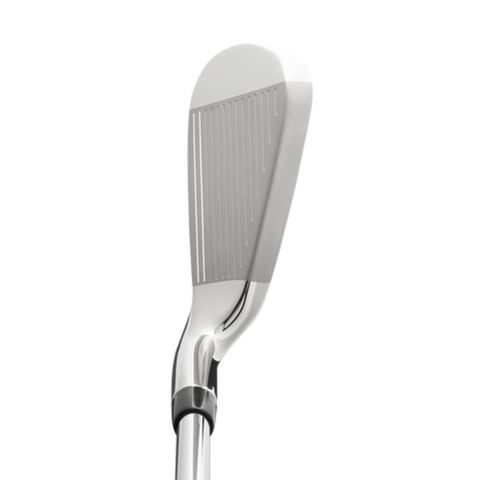 A close-up of a Callaway X Hot Iron Set club head highlights its smooth silver finish and vertical grooves for forgiveness, set against a white background.