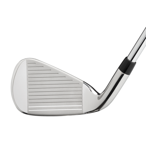 Close-up of a shiny Callaway X Hot Iron Set clubhead with horizontal grooves on the face. The angled shaft, partially visible, highlights the typical design of Callaway’s high-forgiveness irons.