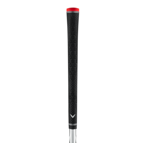 A black Callaway golf club grip with textured patterns, a white chevron logo near the base, and a red top cap—shown vertically on a white background—perfect for enhancing your Callaway X Hot Iron Set.