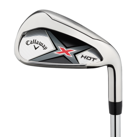 The Callaway X Hot Iron Set by Callaway features a metallic silver finish, black and red accents, the brand logo on the club head, and is known for its forgiveness to boost playability.