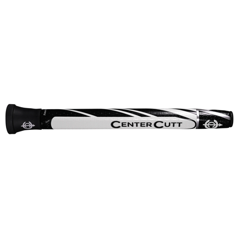 The Center Cutt AA Competition Putter Grip in white/black features bold Center Cutt branding, angular white accents, a target logo on both ends, and is made from a performance polymer blend for optimal play.
