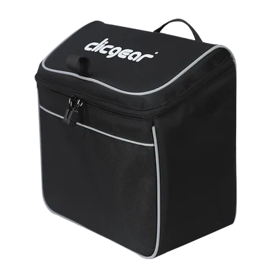 The Clicgear Cooler Bag XL is a black golf cooler bag with white trim, a front zipper pocket, and Clicgear printed on the top flap—an essential cart accessory.