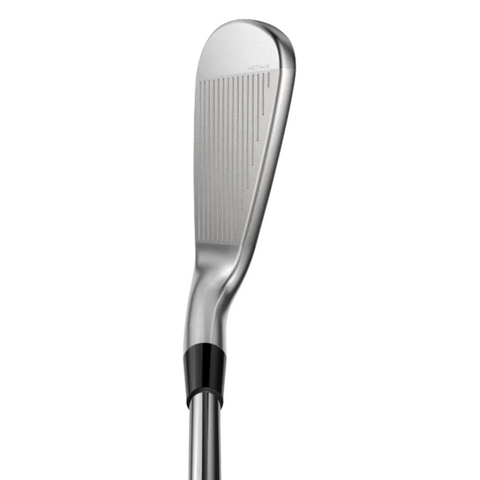 A close-up of the Cobra 2025 King Tec Irons Set by Cobra highlights its sleek metallic face with vertical grooves, showcasing premium golf club craftsmanship against a plain white background.