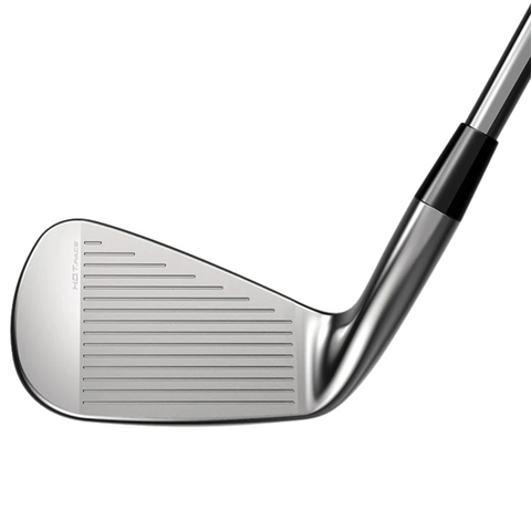 A close-up of the Cobra 2025 King Tec Irons Set by Cobra shows its grooved clubface, angled head, and shaft against a white background, highlighting the set’s precision craftsmanship.
