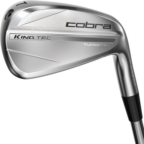 A close-up of the Cobra 2025 King Tec Irons Set by Cobra highlights its sleek, silver metallic finish and engraved branding—a striking example of precision forged golf irons.