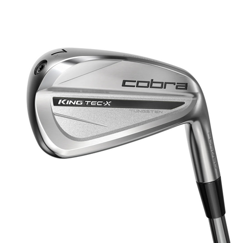 A close-up of the Cobra 2025 King Tec X Irons Set showcases the club heads branding and design—engineered by Cobra for distance and forgiveness—against a white background. Ideal for golfers looking to improve their game with advanced irons.