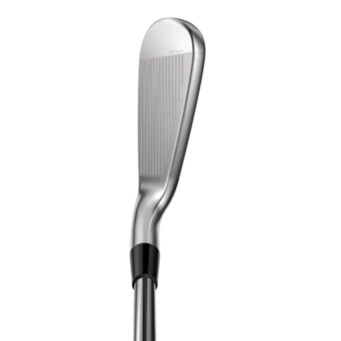 A close-up of the Cobra 2025 King Tec X Irons Set by Cobra highlights the grooved club face angled to the side on a white background—perfect for golfers who want distance and forgiveness in game improvement irons.
