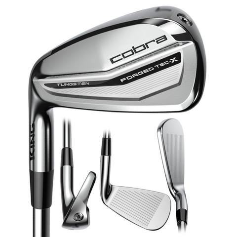 The Cobra 2025 King Tec X Irons Set by Cobra is a game improvement iron set, shown from various angles to highlight the sleek silver and black club head, face, sole, and Tungsten features for extra distance and forgiveness.