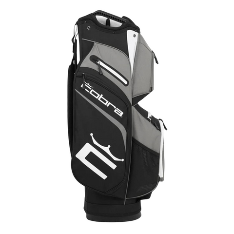 The Cobra 2025 Signature Cart Bag in Black/Grey stands upright with multiple zippered pockets and the Cobra logo on the side, making it a stylish and practical choice for any trolley golf bag setup.