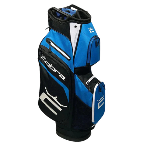 The Cobra 2025 Signature Cart Bag in Electric Blue/White/Black by Cobra features a 14-way top and multiple zippered pockets, shown standing upright against a white background.